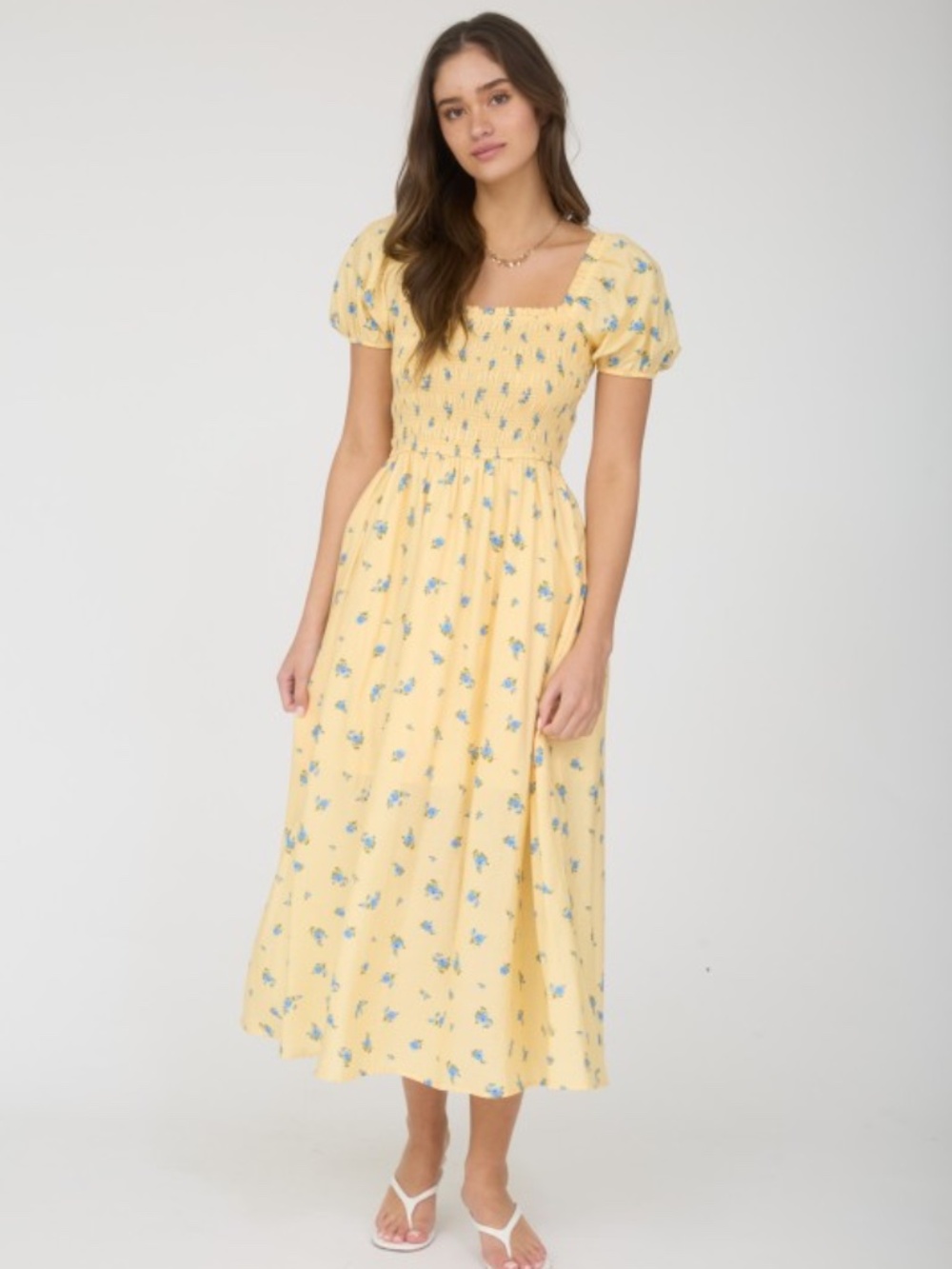 Smocked Puff Sleeve Floral Midi Dress